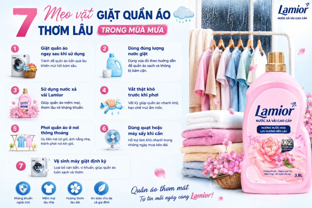 7 mẹo giặt quần áo thơm lâu trong mùa mưa với nước xả vải Lamior.